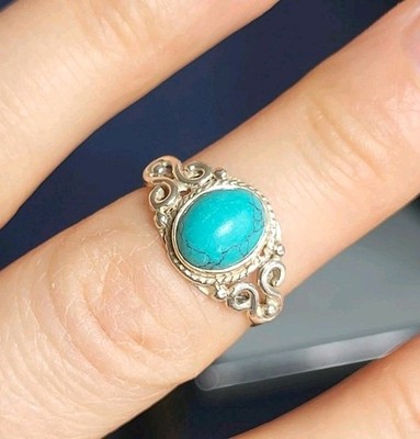 Gr. M Sterling Silber 925 Türkis Ring verziert Vintage Stück Boho edel sehr guter Zustand