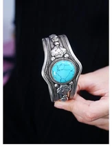 Men's tibet silver inlay turquoise cuff bracelet H701