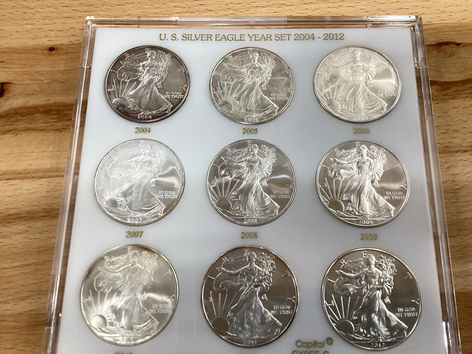 2004-2012 American Silver Eagle Set of 9 Gem Uncirculated Coins w Capital Holder - Image 3 of 4