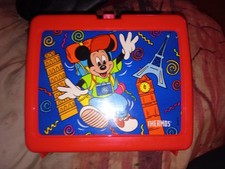 Super Rare Vintage Disney Mickey Mouse Travel Themed Red lunch box - THERMOS 