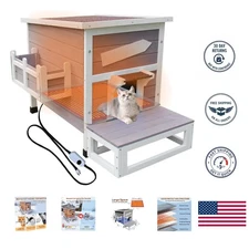 Weatherproof Wooden Heated Cat Shelter with Escape Door - 25.4" Spacious Design