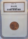 1913-P   NGC MS-64   Red Brown (obverse nearly full red)   Lincoln Cent   #290