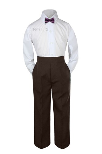 Baby Toddler Kid Boys Wedding Formal 3pc Set Shirt Brown Pants Bow Tie Suit S-7 - Picture 8 of 24