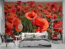 3D Red Floral Field Self-adhesive Removeable Wallpaper Wall Mural