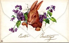 Linen Easter Postcard Brown Bunny Rabbit Tearing Through Envelope Purple Flowers
