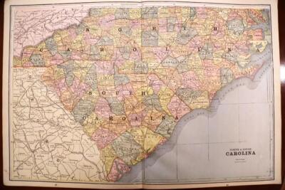 1893 ANTIQUE CRAM'S UNRIVALED ATLAS MAP OF NORTH & SOUTH CAROLINA ...