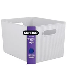 Superio Large White Smoke Ribbed Storage Bin, Plastic Storage Basket (22 Liter)