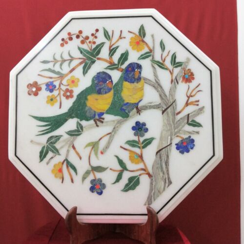 Bird Pattern Inlay Work Coffee Table Top White Marble Bedside Table for Bed Room - Picture 8 of 11