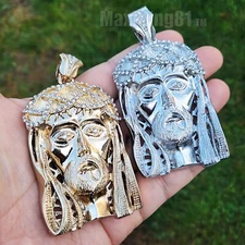 LARGE JESUS HEAD CUBIC ZIRCONIA HIP HOP ICED GOLD PLATED BLING CHARM PENDANT