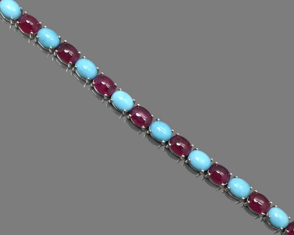 Natürliche Rubin & Blau Türkis Oval Edelstein 925 Sterlingsilber Tennis Armband - Bild 2 von 4