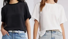 Open Edit Women's Matte Satin Tee Blouse Top Ivory Cloud Black NEW $49