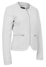 Women Collarless Soft White Leather Jacket Biker Style Fitted Quilted Zip Up New