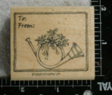 To From Christmas Gift Tag Horn Rubber Stamp Wood Mounting 2.25 x 2 inches 119