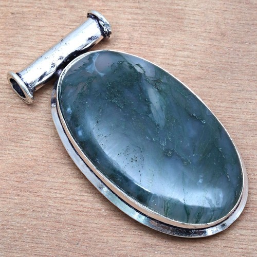 Pendant Moss Agate Gemstone Handmade Gift For Her Silver Jewelry 2" - Picture 3 of 7