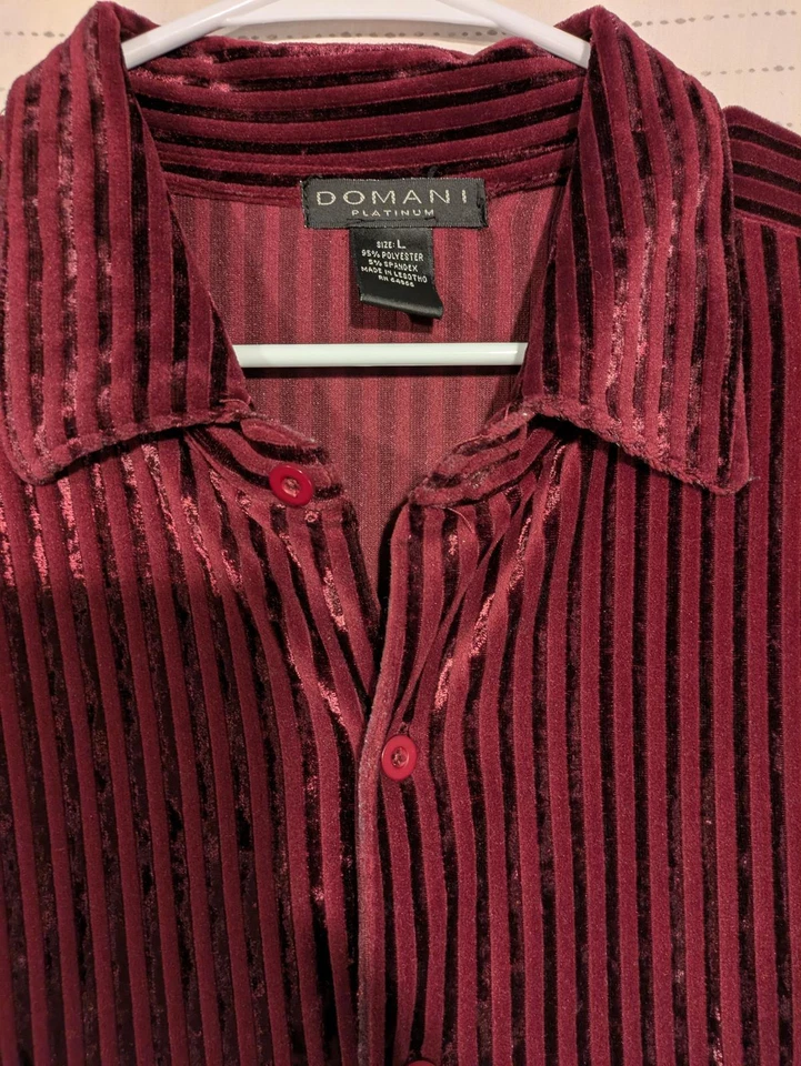 Domani Platinum Velvet Striped Shirt Rich Burgundy Mens Large Polyester Spandex - Image 4 of 4