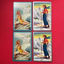 (4) single playing cards--BEACH SURF and SKI SNOW girls--vintage PIN UP art