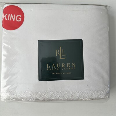 Vtg Ralph Lauren BRITTANY Lace White Scallop Embroidered KING Flat Sheet NEW