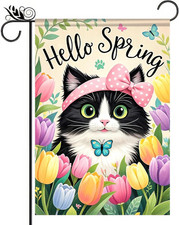 Hello Spring Garden Flag 12X18 Inch Double Sided Cute Cat Tulips Seasonal Welcom