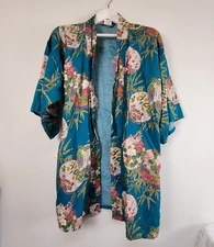 Sakurai Shoji Kimono Robe BLUE Cotton Floral Open Front One Size Made in Japan