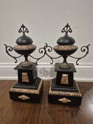 Vintage Neoclassical Marcle & Slate Urn Garnitures Clock Pair 15.5'' France
