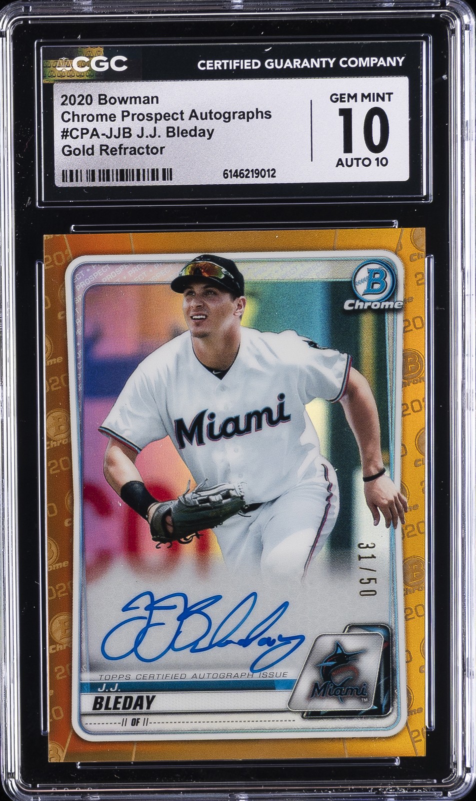 2020 BOWMAN CHROME PROSPECT AUTOS, GOLD REFRACTOR J.J. BLEDAY CGC 10 GEM MINT