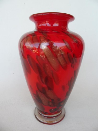 Red & Copper Inclusions White cased Art Glass Vase