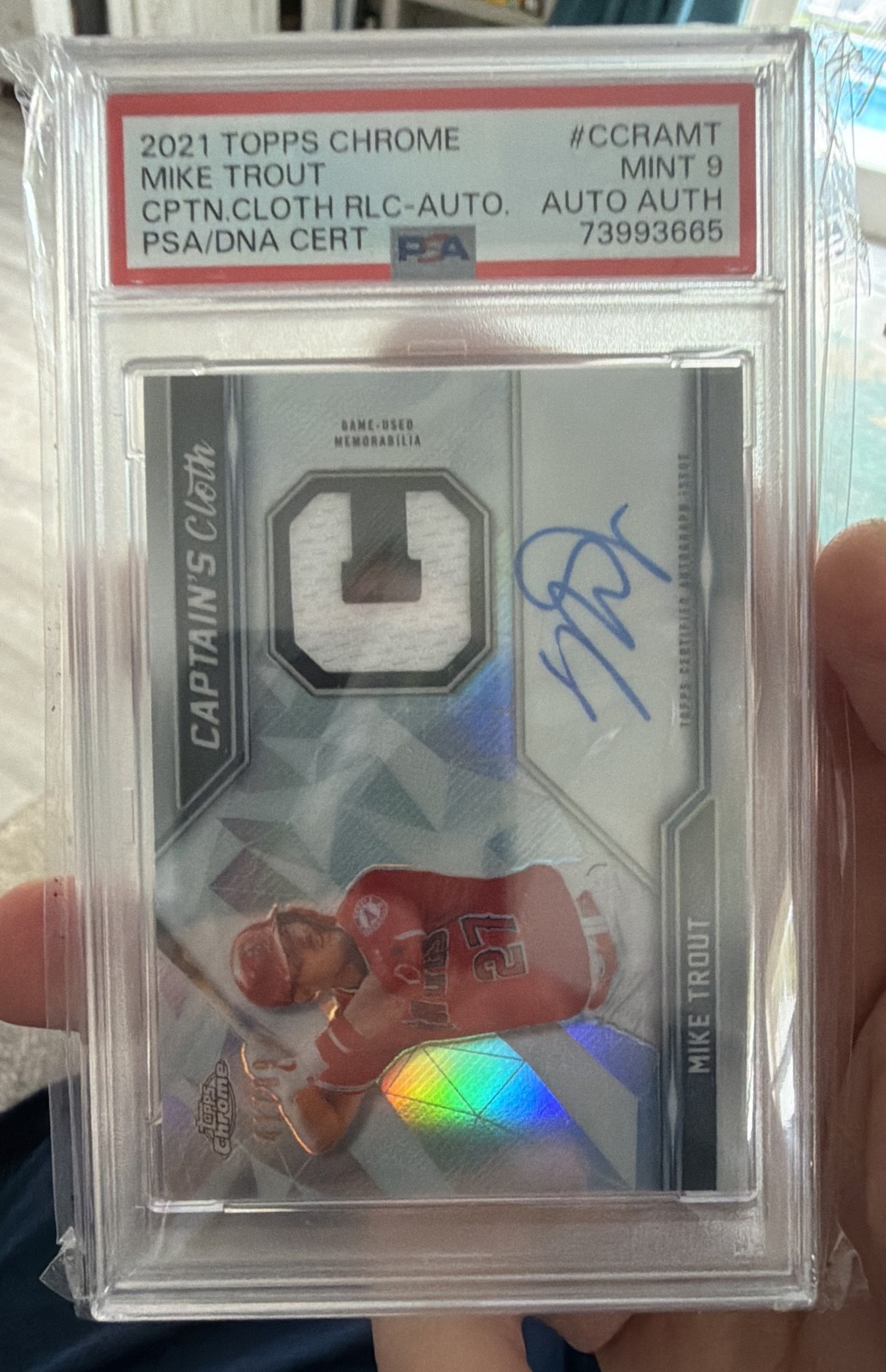 2021 Topps Chrome Mike Trout Captain's Cloth Relic/Autos 14/99 PSA 9/Auto Auth. view 1