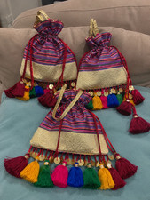 Multicolor Indian Potli Bag, Traditional Drawstring Bag, Gold Brocade Clutch