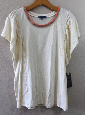 Democracy Womens Cream Short Sleeve Crochet Neck Top 1X NWT - Image 1 of 4
