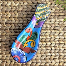 VTG Mexican Talavera Pottery Spoon Rest Colorful Floral Handcrafted Turquoise