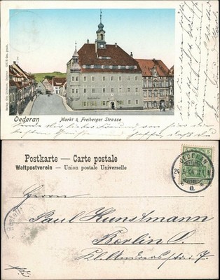 Postcard Oederan Market and Freiberg Street 1904