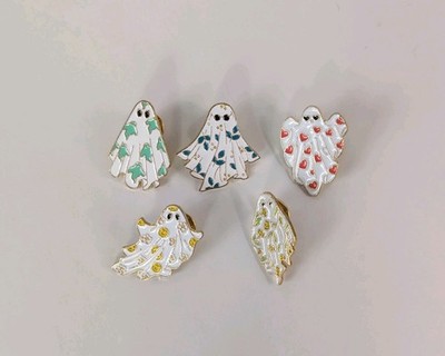 Set Of 5 Gold Tone Metal Enamel Lapel Pins White Sheet Ghosts Cute Designs