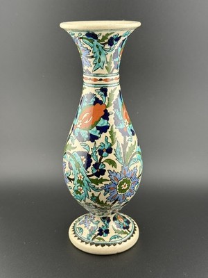 Vintage Iznik Turkish Pottery Vase Hand painted Blue Green Rust,  7.5 inch 