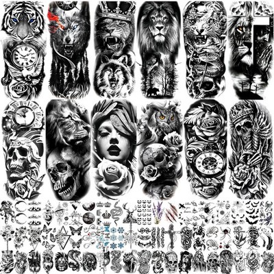 82 Sheets Temporary Tattoo for Men Women Adults, Include 12 Sheets Black 3D Half