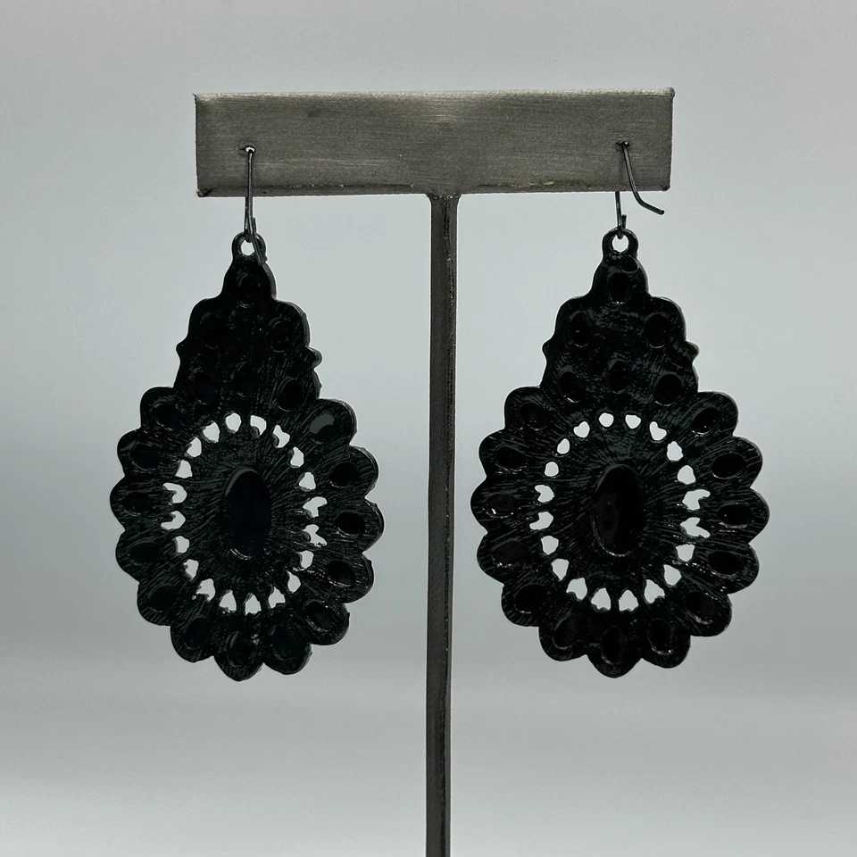 Pendientes llamativos lágrima negra facetados ovalados con cuentas cuelgan góticos 2,5 pulgadas Foto 4 de 4