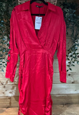 Zara Bright Red Satin Collared V Neck Ruched Dress Size Medium