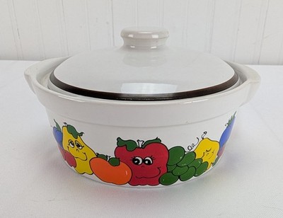 Vintage Nancy Lynn Small Round Casserole Dish & Lid Anthropomorphic Fruit Oven