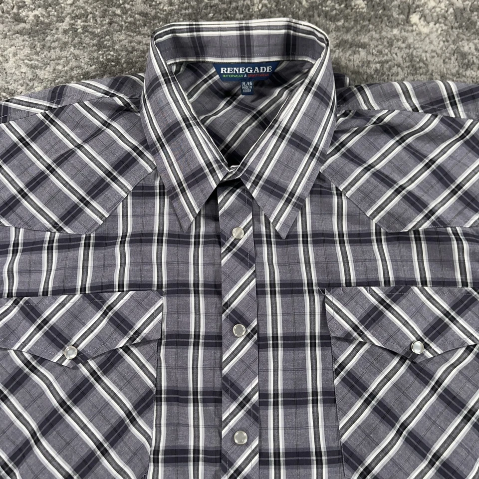 Винтажная мужская рубашка вестерн Renegade XL серая черная клетчатая жемчужная на кнопках с длинным рукавом 90-е - Изображение 2 из 4