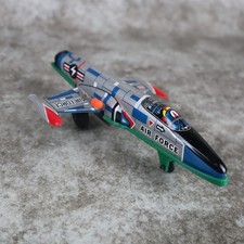 Vintage Lever Action Pull Friction Air Force Jet Fighter Tin Plane USAF WORKING