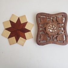 LOT of 2 Wood Trivets: West Germany Star & Inlaid Hand Carved from India