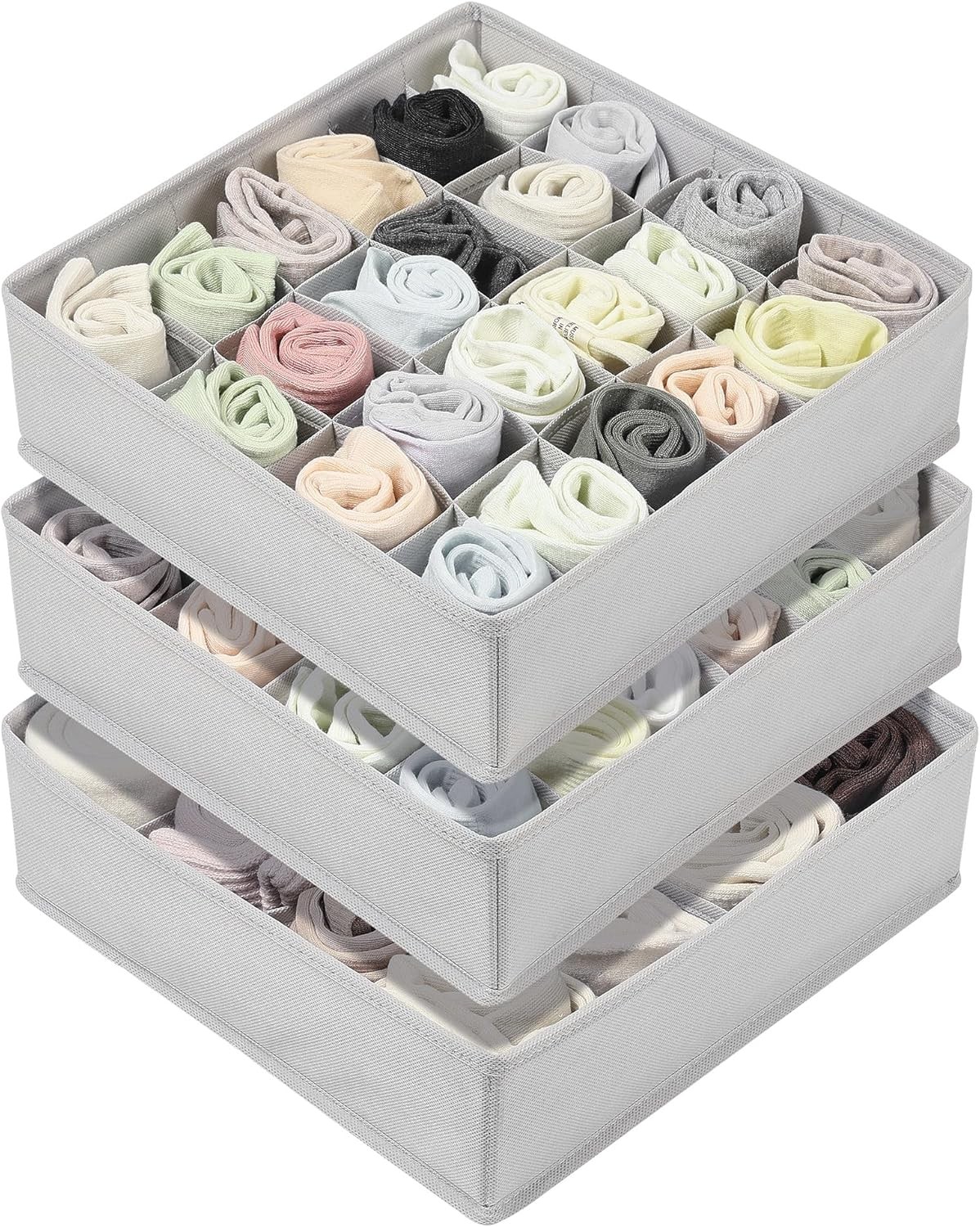 Vtopmart 64-Cell Grey Socks Drawer Organizer Set 3-Pack 24+24+16
