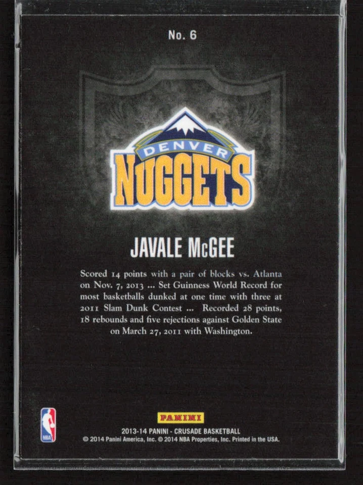 JaVale McGee 2013-14 Panini Crusade #6 Crusade Blue Denver Nuggets - Image 2 of 2