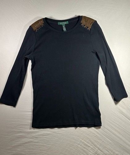 VTG Lauren Ralph Lauren Knit Top Lace-up Shoulder Women's M Black 100% Cotton - Afbeelding 8 van 16