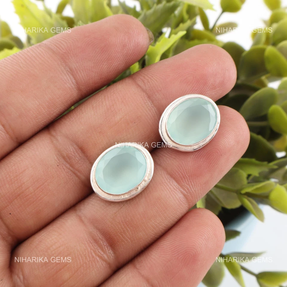 Acqua Calcedonio Gemma Argento Sterling Boho Pendenti Compleanno Wife Orecchini - Immagine 3 di 4