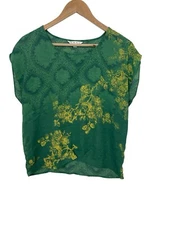 Cabi Womens Semi Sheer Blouse Cap Sleeve Green Yellow Size Small