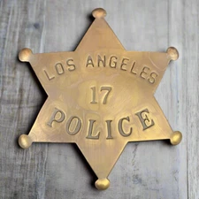 Police Star Badge Solid Brass With Antique Finish & Soldered Pin Back