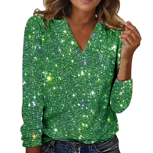 Women's Casual Solid Tops Sequin Long Sleeved V Neck Loose T Shirt Blouse Tops * - Picture 5 of 23