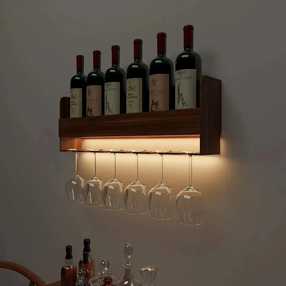 Engineered Wood Backlit Bar Wall Shelf / Mini Bar Cabinet in Walnut Finish - Image 3 of 4