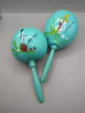 Vintage Set of 2 MEXICAN MARACAS Hand Painted Cactus Turquoise Gourd Shakers