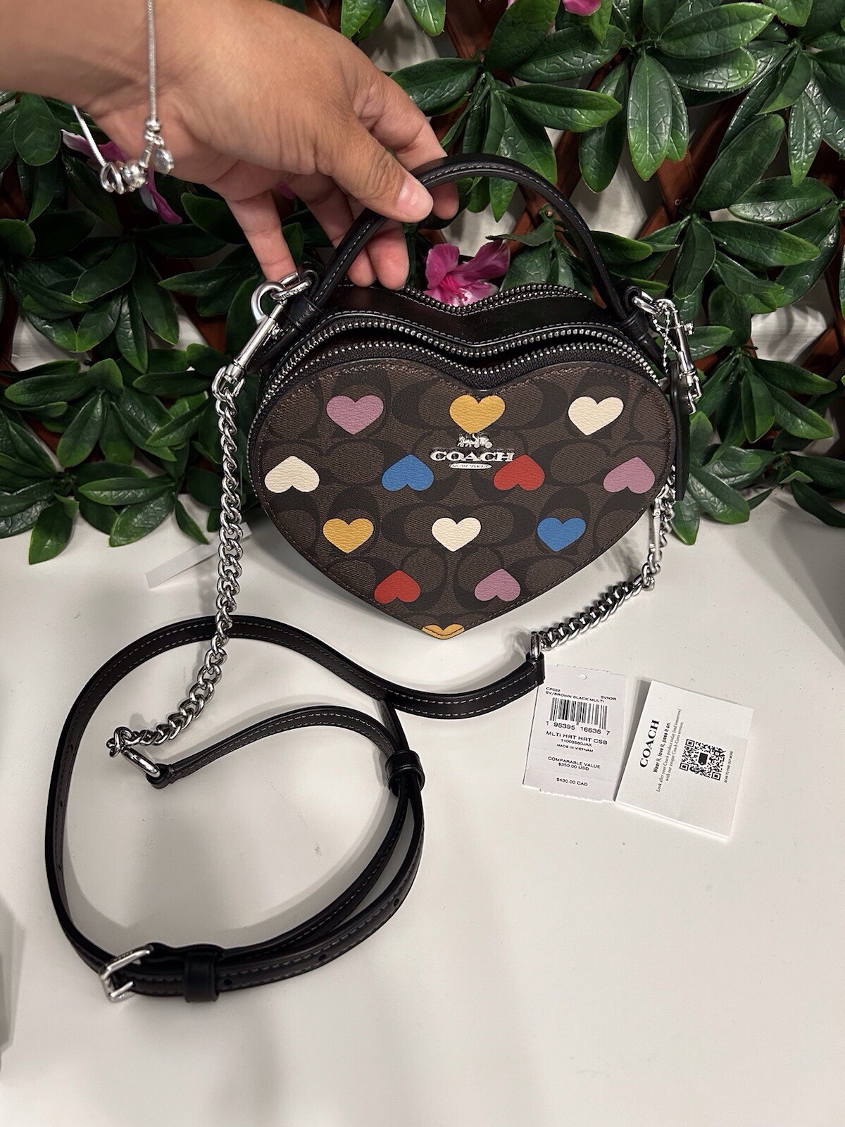 COACH Womens Heart Crossbody Bag in Brown Multi Signature Leather CP022